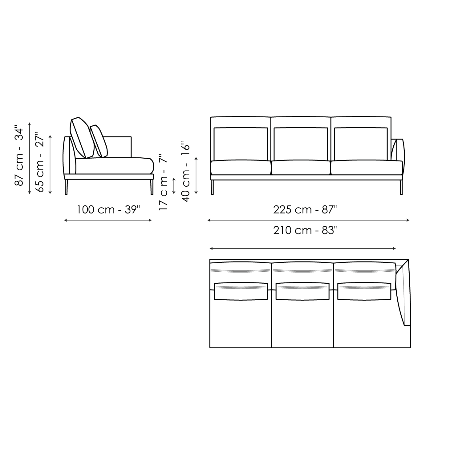Sofa Endteil 225 - 3 Sitzflächen